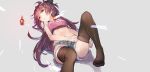  1girl black_bow black_legwear bow breasts cutoffs denim denim_shorts grey_background hair_bow hong_long long_hair lying mahou_shoujo_madoka_magica navel on_back purple_hair sakura_kyouko shorts small_breasts solo soul_gem thigh-highs thighs violet_eyes yuugen 