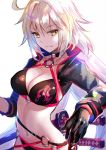  1girl bikini black_bikini black_gloves black_jacket breasts cleavage closed_mouth cropped_jacket fate/grand_order fate_(series) fuji_choko gloves grey_hair jacket jeanne_d&#039;arc_(alter_swimsuit_berserker) jeanne_d&#039;arc_(fate)_(all) long_hair o-ring o-ring_bikini o-ring_bottom o-ring_top solo swimsuit very_long_hair white_background yellow_eyes 