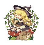  1girl =_= acorn apron bangs black_footwear black_hat blonde_hair blush bow braid branch chibi closed_eyes commentary_request food full_body hair_bow hat hat_bow holding holding_food kirisame_marisa lace_trim leaf long_hair misoni_comi mushroom open_mouth petticoat puffy_short_sleeves puffy_sleeves shoes short_sleeves simple_background single_braid sitting socks solo squirrel touhou waist_apron white_background white_bow white_legwear witch_hat 
