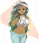  1girl bare_arms bare_shoulders black_hair blush breasts closed_mouth crop_top cropped_sweater dark_skin denim green_eyes green_hair groin hand_on_hip hand_up headband headphones hips humanization iida_(splatoon) jeans lips long_hair looking_at_viewer mesoso midriff mole mole_under_mouth multicolored_hair navel navel_piercing pants piercing smile solo splatoon splatoon_2 standing stomach sweater_vest thigh_gap turtleneck upper_body very_long_hair 