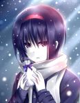  1girl bag black_eyes black_hair blue_coat blue_sweater bow grey_scarf hair_between_eyes hairband holding holding_bag little_busters!! morizono_shiki night nishizono_mio open_mouth outdoors purple_bow red_hairband scarf short_hair snowing solo sweater upper_body 