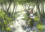  1girl animal_ears basket cat_food commentary fishing forest gnome hat imoman nature original scenery silver_hair sitting straw_hat stream tail tree 