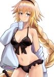  1girl bangs bare_shoulders bikini black_bikini blonde_hair blue_eyes blue_hoodie blush braid breasts cleavage closed_mouth collarbone commentary_request cowboy_shot eyebrows_visible_through_hair fate/grand_order fate_(series) hairband highres jacket jeanne_d&#039;arc_(fate)_(all) jeanne_d&#039;arc_(swimsuit_archer) large_breasts long_hair long_sleeves looking_at_viewer sidelocks simple_background smile solo standing swimsuit very_long_hair white_background yuuka_(a0240765) 