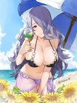  1girl beach bikini breasts camilla_(fire_emblem_if) cleavage fire_emblem fire_emblem_heroes fire_emblem_if hair_over_one_eye highres j@ck large_breasts lips long_hair looking_at_viewer navel purple_hair simple_background smile solo swimsuit very_long_hair violet_eyes wavy_hair 