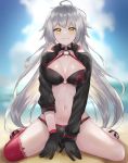  1girl beach bikini black_bikini black_gloves blue_sky breasts cleavage closed_mouth clouds commentary_request day eyebrows_visible_through_hair fate/grand_order fate_(series) gloves highres jeanne_d&#039;arc_(alter_swimsuit_berserker) jeanne_d&#039;arc_(fate)_(all) long_hair long_sleeves looking_at_viewer medium_breasts navel o-ring o-ring_bikini ocean red_legwear rice_(okome_no_naru_ki) silver_hair single_thighhigh sky smile solo swimsuit thigh-highs yellow_eyes 