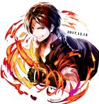  1boy artist_name brown_hair dated fire gakuran gloves headband kuroda_(kuro_yyy) kusanagi_kyou pyrokinesis school_uniform the_king_of_fighters upper_body 