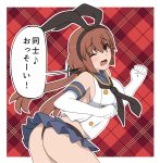  alternate_costume ass black_neckwear black_panties blue_skirt blush bokota_(bokobokota) breasts brown_hair elbow_gloves eyebrows_visible_through_hair gloves hair_ornament hairclip highres kantai_collection large_breasts long_hair looking_at_viewer low_twintails miniskirt neckerchief one_eye_closed open_mouth panties pantyshot sailor_collar shimakaze_(kantai_collection) skirt tashkent_(kantai_collection) translated twintails underwear white_gloves 