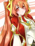  1girl blush cloak elsword eyebrows_visible_through_hair hair_between_eyes hood ignia_(elsword) long_hair orange_eyes orange_hair pout priestess soo_(vyve2555) symbol 