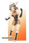  1girl bare_shoulders bike_shorts bodysuit breasts brown_hair clenched_hand commentary_request covered_navel elbow_gloves feet gauntlets gloves hair_ornament headgear link_(aa30) looking_at_viewer medium_breasts open_mouth senki_zesshou_symphogear short_hair smile solo tachibana_hibiki_(symphogear) 