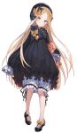  1girl abigail_williams_(fate/grand_order) bangs black_bow black_dress black_footwear black_hat blonde_hair bloomers blue_eyes blush bow closed_mouth dress fate/grand_order fate_(series) full_body hair_bow hakuishi_aoi hat highres lips long_hair long_sleeves looking_at_viewer orange_bow parted_bangs polka_dot polka_dot_bow simple_background sleeves_past_fingers sleeves_past_wrists solo stuffed_animal stuffed_toy teddy_bear underwear very_long_hair white_background 
