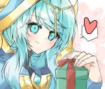  1girl aqua_eyes aqua_hair box closed_mouth elsword gem gift gift_box heart hood priestess sasha_(elsword) short_hair simple_background sketch smile soo_(vyve2555) 