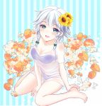  1girl :d aqua_eyes arm_support bandeau bare_legs barefoot bikini bikini_under_clothes blue_background blue_bikini blush bow braid breasts cleavage collarbone commentary_request eyebrows_visible_through_hair flower full_body green_bow hair_between_eyes hair_bow hair_flower hair_ornament highres izayoi_sakuya looking_at_viewer medium_breasts mike_(mikenekotei) no_pants open_mouth see-through shirt short_hair short_sleeves silver_hair sitting smile solo striped striped_background sunflower swimsuit thighs touhou twin_braids vertical-striped_background vertical_stripes wariza white_shirt 