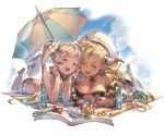  2girls almeida_(granblue_fantasy) alpha_transparency bangs barefoot beach_umbrella bikini black_bikini blonde_hair blush book bottle bracelet breasts choker cleavage clouds collarbone cooler crystal dark_skin day dolphin_earrings draph earrings flower full_body gradient_hair granblue_fantasy hair_between_eyes hair_flower hair_ornament hat horns io_euclase jewelry large_breasts long_hair lying minaba_hideo multicolored_hair multiple_girls necklace official_art on_stomach open_mouth outdoors pointy_ears red_ribbon ribbon ribbon_choker seashell shell sky smile swimsuit transparent_background twintails umbrella very_long_hair white_hat 