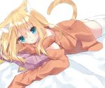  1girl :t animal_ears aqua_eyes bangs bare_shoulders bed_sheet blonde_hair blush cat_ears cat_girl cat_tail closed_mouth commentary_request eyebrows_visible_through_hair hair_between_eyes hamaru_(s5625t) head_tilt long_hair long_sleeves looking_at_viewer lying off_shoulder on_stomach orange_shirt original pillow pout shirt sleeves_past_fingers sleeves_past_wrists solo tail tail_raised thigh-highs white_legwear 