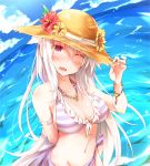  1girl ;d bangs bare_shoulders bikini blue_sky blush bracelet clouds commentary_request day eyebrows_visible_through_hair fang flower front-tie_bikini front-tie_top hair_between_eyes hand_on_headwear hand_up hat hat_flower head_tilt horizon jewelry long_hair looking_at_viewer navel necklace ocean one_eye_closed open_mouth original outdoors purple_sarong red_eyes red_flower rinrin_(927413) sarong silver_hair sky smile solo straw_hat striped striped_bikini swimsuit very_long_hair water yellow_flower 