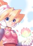  1girl bangs blonde_hair blue_eyes breasts capcom ciel_(rockman) closed_mouth eyebrows_visible_through_hair gloves hair_between_eyes headgear high_ponytail impossible_clothes long_hair looking_at_viewer medium_breasts ponytail rockman rockman_zero semikichi smile solo upper_body white_gloves 