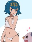  1girl :d bangs bare_arms bare_shoulders blue_background blue_eyes blue_hair blush character_request creatures_(company) crop_top fang game_freak hair_between_eyes hand_up heart looking_at_another looking_away looking_to_the_side natsunagi_takaki navel nintendo open_mouth panties parted_lips pokemon pokemon_(creature) pokemon_(game) pokemon_sm short_hair side-tie_panties smile solo standing suiren_(pokemon) two-tone_background underwear underwear_only white_background white_panties 