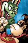  2boys animal bloodshot_eyes blue_background cape clenched_hand cosmicam crocodile crocodilian crown donkey_kong donkey_kong_(series) donkey_kong_country evil_smile eye_contact fangs gorilla highres jojo_no_kimyou_na_bouken king_k._rool looking_at_another multiple_boys necktie no_humans parody red_cape simple_background sketch smile stardust_crusaders style_parody super_smash_bros. super_smash_bros_ultimate 