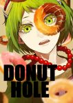  1girl blurry close-up commentary copyright_name depth_of_field dessert donut_hole_(vocaloid) doughnut english_commentary face food goggles goggles_on_head green_eyes green_hair grey_background gumi hasuhasuhasu0127 highres jewelry looking_at_viewer necklace open_mouth pearl_necklace red_neckwear short_hair simple_background solo_focus teeth upper_body vocaloid 
