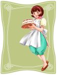  1girl apron breasts brown_eyes brown_hair cake commentary_request food gensou_suikoden gensou_suikoden_ii hairband nanami_(suikoden) nijimasu short_hair solo 