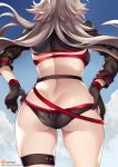 1girl absurdres adjusting_clothes adjusting_swimsuit ass bikini black_bikini black_gloves black_jacket blue_sky breasts butt_crack cleavage commentary_request cowboy_shot cropped_jacket facing_away fate/grand_order fate_(series) from_behind gloves hands_on_hips highres jacket jeanne_d&#039;arc_(alter)_(fate) jeanne_d&#039;arc_(alter_swimsuit_berserker) jeanne_d&#039;arc_(fate)_(all) kaorihero long_hair long_sleeves lowleg lowleg_bikini o-ring pale_skin patreon_logo shiny shiny_clothes silver_hair sky solo swimsuit thigh_strap thighs very_long_hair 