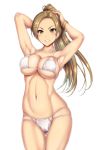  1girl armpits arms_behind_head arms_up bangs bare_shoulders bikini blush bracelet breasts brown_eyes brown_hair cleavage collarbone earrings grin hips idolmaster idolmaster_cinderella_girls jewelry large_breasts long_hair looking_at_viewer matsunaga_ryou navel otone parted_bangs ponytail simple_background smile solo swimsuit thighs waist white_background white_bikini 