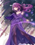  1girl bk201 breasts brown_legwear choker cleavage diadem dress eyebrows_visible_through_hair fate/grand_order fate_(series) floating_hair hair_between_eyes hand_holding jewelry large_breasts long_dress long_hair necklace pantyhose purple_capelet purple_dress purple_hair red_eyes runes scathach_(fate)_(all) scathach_skadi_(fate/grand_order) see-through solo standing very_long_hair 