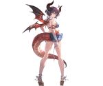  1girl ahoge alpha_transparency ass bandage bandaged_arm bandages bare_shoulders bikini bikini_skirt blue_bikini blush breasts dragon_girl dragon_horns dragon_tail dragon_wings full_body granblue_fantasy grea_(shingeki_no_bahamut) hair_between_eyes horns large_breasts looking_at_viewer looking_back minaba_hideo official_art pointy_ears purple_hair red_eyes sandals short_hair smile solo standing standing_on_one_leg swimsuit tail transparent_background wings 