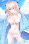  1girl bikini black_bow blonde_hair blue_sky bow breasts cleavage clouds collarbone cowboy_shot day eyebrows_visible_through_hair fate/grand_order fate_(series) front-tie_bikini front-tie_top hair_between_eyes hair_bow haori head_tilt highres japanese_clothes kanpyou_(hghgkenfany) looking_at_viewer medium_breasts navel okita_souji_(fate) okita_souji_(fate)_(all) open_mouth outdoors sky solo standing swimsuit wading wet white_bikini yellow_eyes 