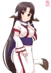  1girl ahoge ainu_clothes animal_ears artist_logo black_hair brown_eyes commentary_request cosplay cowboy_shot dated dog_ears dog_tail eruruw eruruw_(cosplay) highres kanon_(kurogane_knights) kantai_collection long_hair long_sleeves looking_at_viewer shouhou_(kantai_collection) simple_background solo tail trait_connection utawareru_mono white_background 