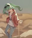  1girl aqua_eyes aqua_hair cowboy_shot denim desert earrings expressionless eyewear_on_head hatsune_miku jacket jeans jewelry long_sleeves looking_down outstretched_hand pants red_jacket sand shino_(pixiv) shirt solo_focus storm suna_no_wakusei_(vocaloid) sunglasses twintails upper_body vocaloid white_shirt 
