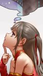  1girl :o as109 bare_shoulders blue_eyes bow china_dress chinese_clothes dress finger_to_chin hair_bow looking_up official_art original red_bow silver_hair solo thought_bubble 