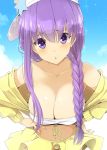  1girl :o bare_shoulders bb_(fate/extra_ccc) bb_(swimsuit_mooncancer)_(fate) bikini braid breasts cleavage eyebrows_visible_through_hair fate/extra fate/extra_ccc fate/grand_order fate_(series) hand_on_hip hanging_breasts hat huge_breasts kurikara lavender_eyes lavender_hair leaning_forward long_hair looking_at_viewer off_shoulder side_braid sky solo swimsuit upper_body very_long_hair white_bikini_top 