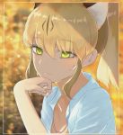  1girl :3 blonde_hair blush brown_hair collared_shirt commentary_request dnsdltkfkd eyebrows_visible_through_hair head_on_hand headshot kemono_friends korean_commentary loose_necktie multicolored_hair necktie photo-referenced puma_(kemono_friends) puma_ears shirt short_hair sidelocks solo yellow_eyes 