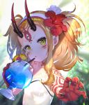  1girl :o arm_tattoo bangs bare_shoulders black_nails blonde_hair blush collarbone commentary_request cup day drink drinking_glass drinking_straw facial_mark fang fate/grand_order fate_(series) fingernails flat_chest flower forehead_mark foreshortening hair_flower hair_ornament hairband head_tilt hibiscus highres ibaraki_douji_(fate/grand_order) ibaraki_douji_(swimsuit_lancer)_(fate) long_hair looking_at_viewer nail_polish nayuta_(una) oni oni_horns outdoors outstretched_arm pineapple_slice reaching_out red_flower shade sharp_fingernails sidelocks slit_pupils solo sunlight swimsuit tattoo twintails upper_body white_hairband white_swimsuit yellow_eyes 