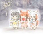  3girls alternate_costume back_bow bangs bird_tail bird_wings black-headed_ibis_(kemono_friends) black_hair blush bow candy_apple child chopsticks closed_eyes commentary_request eyebrows_visible_through_hair fireworks food head_wings japanese_clothes japanese_crested_ibis_(kemono_friends) japari_symbol kemono_friends kimono moeki_(moeki0329) multicolored_hair multiple_girls nose_blush open_mouth patterned_clothing redhead sandals scarlet_ibis_(kemono_friends) short_hair sidelocks twintails v-shaped_eyebrows white_hair wings yukata 