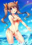 1girl ;d bangs bare_arms bare_shoulders bikini bikini_under_clothes blue_eyes blue_sky blush bow breasts brown_hair cleavage clouds day eyebrows_visible_through_hair ezoshika fang fingernails groin hair_between_eyes hair_bow highres horizon long_hair looking_at_viewer medium_breasts navel ocean one_eye_closed open_mouth orange_bow original outdoors rainbow side-tie_bikini sky smile solo standing striped striped_bikini swimsuit twintails very_long_hair wading water water_drop 
