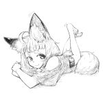  1girl ahoge animal_ears bangs barefoot bike_shorts fox_ears fox_girl_(jaco) fox_tail full_body greyscale jaco legs_up long_hair looking_at_viewer lying monochrome on_stomach original shirt shorts shoulder_cutout simple_background smile solo tail thick_eyebrows white_background 