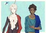  2boys arjuna_(fate/grand_order) black_eyes black_hair blue_background blue_eyes blue_shirt bodysuit bracelet cape curry_x_rice dolphin fate/grand_order fate_(series) gem indian_clothes jewelry karna_(fate) looking_down male_focus multiple_boys red_cape shirt thought_bubble white_skin 
