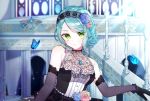  1girl aqua_hair bang_dream! bangs bare_shoulders black_dress black_gloves blue_flower blue_rose blush breasts bug butterfly closed_mouth commentary_request damaged detached_sleeves dress eyebrows_visible_through_hair floral_print flower gloves green_eyes head_tilt highres hikawa_sayo insect jewelry long_sleeves looking_at_viewer necklace patzzi pearl_necklace pendant pink_flower pink_rose rose rose_print see-through sleeveless sleeveless_dress small_breasts solo sparkle swept_bangs 
