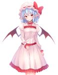  1girl bangs bat_wings blue_hair blush bow breasts center_frills commentary dress eyebrows_visible_through_hair feet_out_of_frame frilled_dress frilled_sleeves frills hair_between_eyes hat hat_bow head_tilt juliet_sleeves junior27016 long_sleeves looking_at_viewer medium_breasts mob_cap neck_ribbon pointy_ears puffy_sleeves red_bow red_eyes red_neckwear red_ribbon remilia_scarlet ribbon short_hair simple_background smile solo standing touhou white_background white_dress white_hat wings 