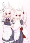  !? 2girls animal_ear_fluff animal_ears apron artist_request covering_face fox_ears fox_tail maid maid_apron maid_dress maid_headdress multiple_girls original red_eyes startled tail tail_grab white_hair 