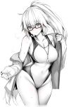  1girl bespectacled blue_gk breasts cleavage cowboy_shot embarrassed fate/apocrypha fate/grand_order fate_(series) glasses greyscale highres jacket jeanne_d&#039;arc_(fate) jeanne_d&#039;arc_(fate)_(all) large_breasts long_hair monochrome open_clothes open_jacket sleeves_past_wrists solo whistle whistle_around_neck 