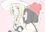  2girls bag bangs beanie black_hair blonde_hair blush braid collared_dress creatures_(company) dress duffel_bag eyebrows_visible_through_hair floral_print from_side game_freak green_eyes hat lillie_(pokemon) long_hair looking_at_another mizuki_(pokemon) multiple_girls nintendo nonobuki open_mouth pokemon pokemon_(game) pokemon_sm shirt short_hair shoulder_bag side-by-side simple_background sleeveless sleeveless_dress smile standing translated twin_braids upper_body walking white_dress white_hat yuri 