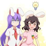  +_+ 2girls :d animal_ears black_hair blush bunny_tail carrot_necklace cato_(monocatienus) commentary_request dress hand_on_another&#039;s_shoulder inaba_tewi light_bulb long_hair looking_away multiple_girls necktie open_mouth pink_dress puffy_short_sleeves puffy_sleeves purple_hair rabbit_ears red_eyes red_neckwear reisen_udongein_inaba shirt short_hair short_sleeves simple_background smile tail touhou turn_pale white_shirt 