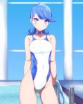  1girl arms_behind_back blue_eyes blue_girl blue_hair choker competition_swimsuit danpu facial_tattoo highres indoors one-piece_swimsuit pool pool_ladder short_hair solo swimsuit tattoo towel white_choker white_swimsuit yu-gi-oh! yuu-gi-ou yuu-gi-ou_vrains zaizen_aoi 