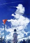  1girl asahina_hiyori blue_hair blue_sky clouds copyright_name dress from_behind highres kagerou_project power_lines sign sky solo stop_sign twintails 
