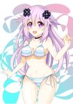  1girl :d adult_neptune bikini black_choker blush breasts choker cleavage collarbone commentary_request cowboy_shot d-pad d-pad_hair_ornament groin hair_between_eyes hair_ornament leekoe2525 long_hair looking_at_viewer medium_breasts navel neptune_(series) open_mouth purple_hair shin_jigen_game_neptune_vii smile solo striped striped_bikini swimsuit very_long_hair violet_eyes 