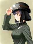  1girl adjusting_headwear anzio_military_uniform bangs black_hair black_hat black_shirt braid brown_background brown_eyes commentary_request dress_shirt eyebrows_visible_through_hair from_side girls_und_panzer goggles goggles_on_headwear grey_jacket grin hat helmet highres jacket long_sleeves looking_at_viewer military military_uniform pepperoni_(girls_und_panzer) ruka_(piyopiyopu) shirt short_hair side_braid simple_background smile solo standing uniform v-shaped_eyebrows 