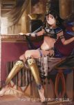  1girl armlet barefoot black_hair blue_eyes bracelet breasts earrings greaves hemisufia_hannnari highres indoors jewelry knees_together_feet_apart long_hair midriff navel official_art sitting small_breasts solo statue yellow_legwear 